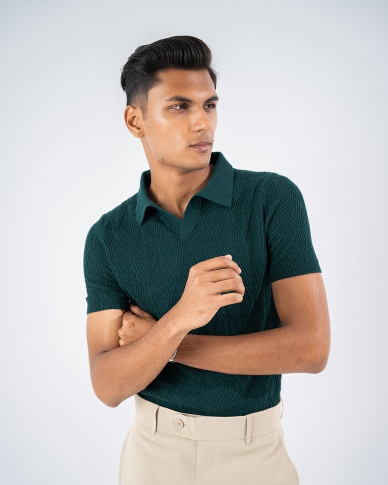 Men's Diamond Knit Polo in Bottle Green - Grayfabrics